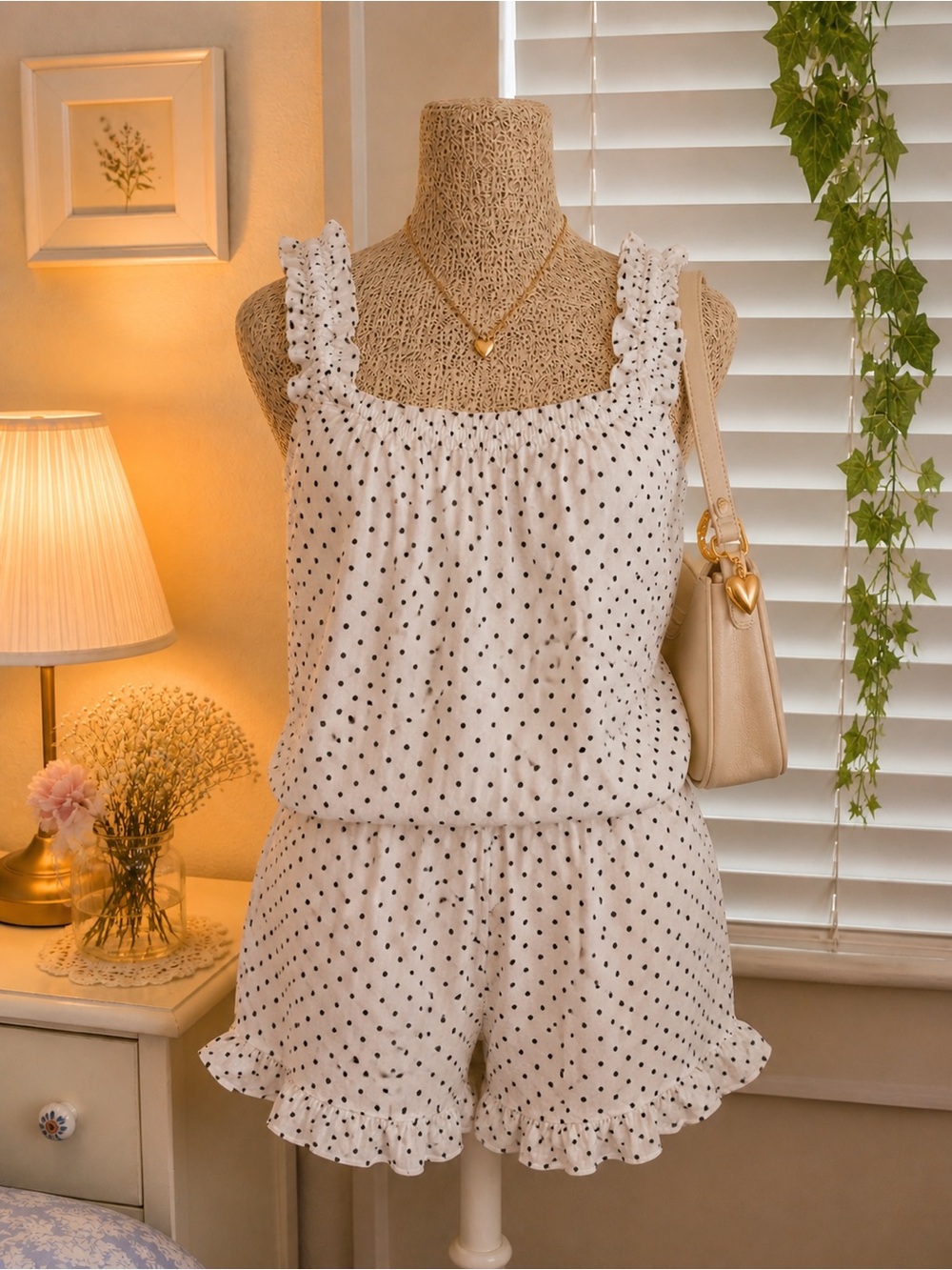 White Polka Dot Ruffle Strap Sleep Set